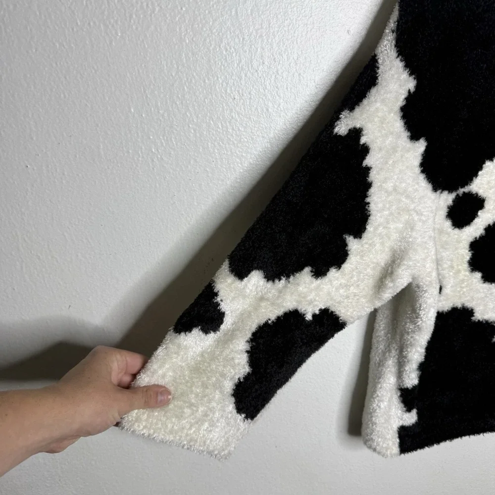 Vintage Michael Simon Black White Cow Print Cardigan Button Front Womens Medium